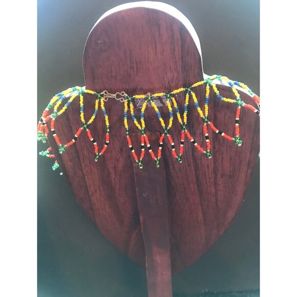 Vtg 1970's Hand Beaded Yoke Or Net Style Necklace Beaded Triangles Pan Tribal - Picture 2 of 6